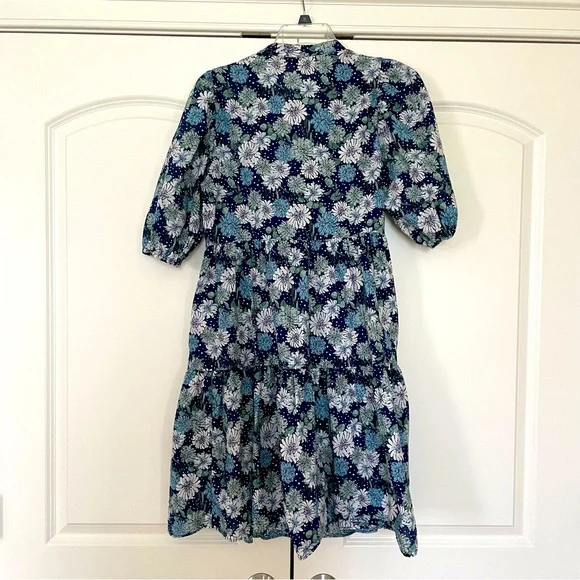 Uniqlo x Paul & Joe Navy Blue Floral Button Down Puff Sleeve Tiered Dress Size M - Picture 8 of 16